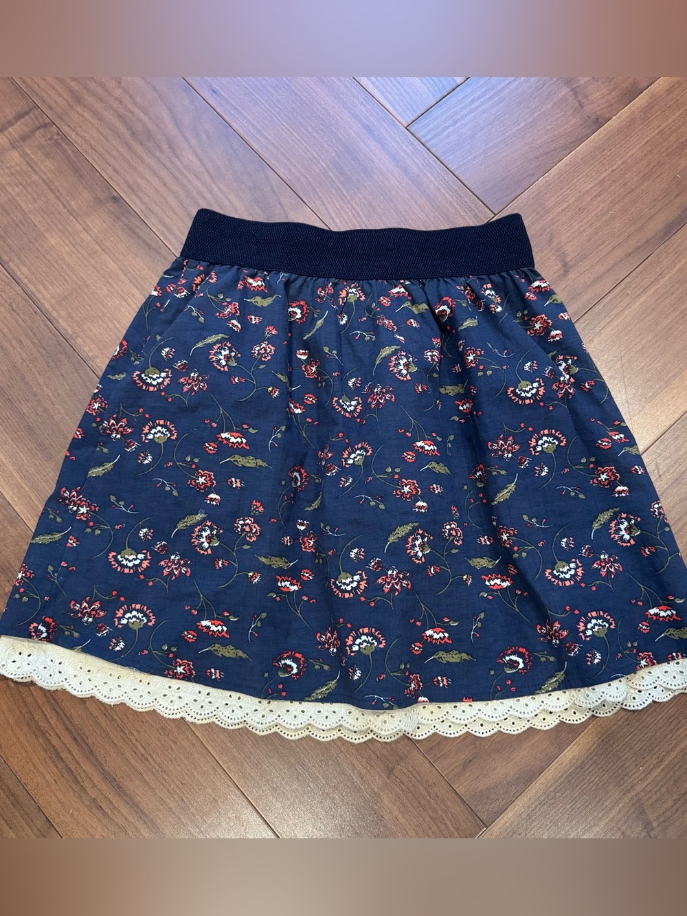 Navy Floral Lace-Hem Skirt
